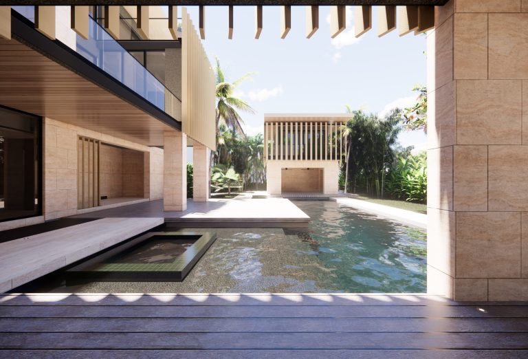 Modern outdoor space featuring a long swimming pool, a jacuzzi in the foreground, light stone walls, glass balcony railings, and a separate pavilion. Lush greenery and palm trees are visible in the background under a sunny sky.
