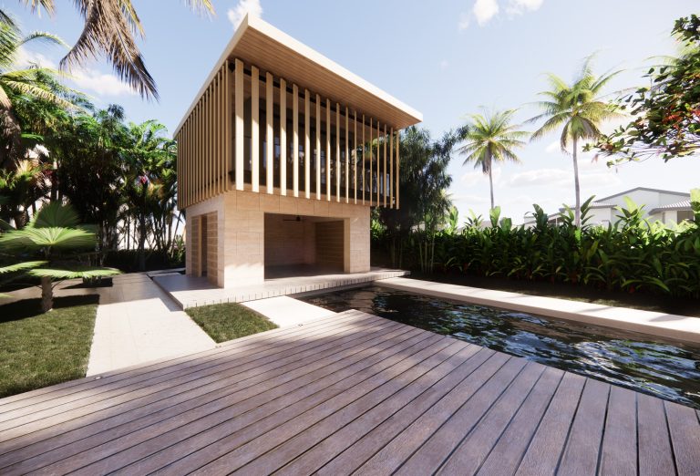 A modern two-story house with vertical wooden slats, surrounded by lush greenery and palm trees. In front, there is a wooden deck and a narrow rectangular swimming pool, all under a clear, sunny sky.