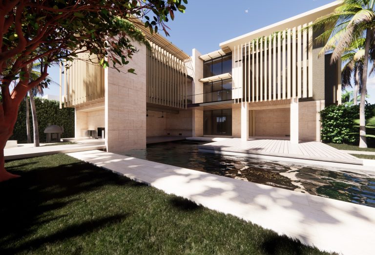 Modern house with beige stone walls and vertical wooden slats, large windows, and an open patio. A rectangular reflecting pool leads to the entrance. There are tropical trees, manicured grass, and a bright, sunny sky in the background.