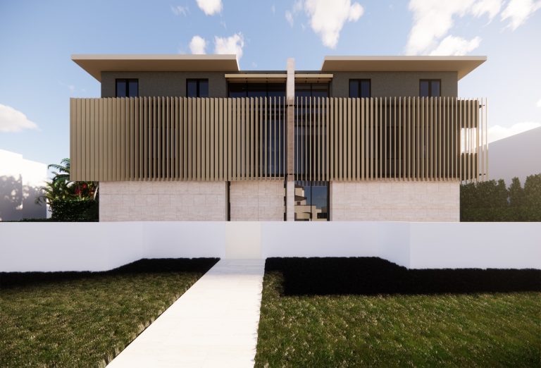 A modern two-story house with beige vertical slats on the upper level, large glass windows, and a stone facade. A white pathway leads through a green lawn to the central entrance, with a white fence along the front. Blue sky and some clouds above.