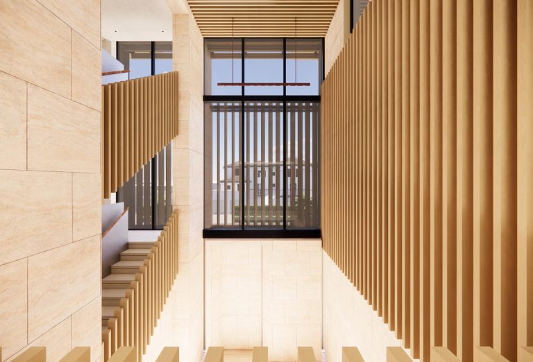 A modern interior with beige stone walls, vertical wooden slats, and large windows. The windows have horizontal and vertical grid patterns, revealing a view of a building and greenery outside. Natural light brightens the sleek, open space.