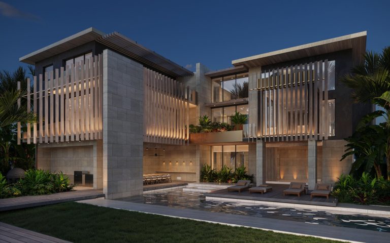 A modern luxury villa at dusk features large glass windows, vertical wooden slats, warm ambient lighting, lush tropical plants, a reflecting pool with lounge chairs, and a spacious patio area, all surrounded by greenery and palm trees.